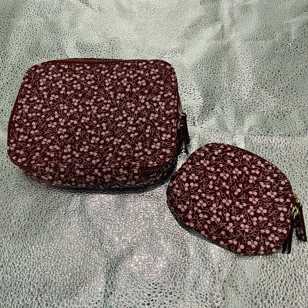 Ann Taylor Organizer Travel Makeup Pouch Case Wine Women's Zipper Set Of 2 NWT